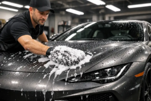 A professional car detailer carefully washing a high-end sports car wrapped in matte grey vinyl. The detailer is using a thick, fluffy microfiber wash mitt and rich white foam. Bright, clean detailing workshop lighting, water droplets perfectly beading on the matte surface, cinematic composition, hyper-realistic, 8k resolution. landscape